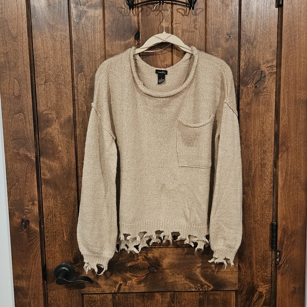 Rue 21 Beige Oversized Fringe Plush Sweater size small